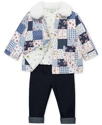 Little Me Baby Girls Patchwork Jacket, Floral Tee & Denim Pants Set