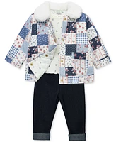 Little Me Baby Girls Patchwork Jacket, Floral Tee & Denim Pants Set