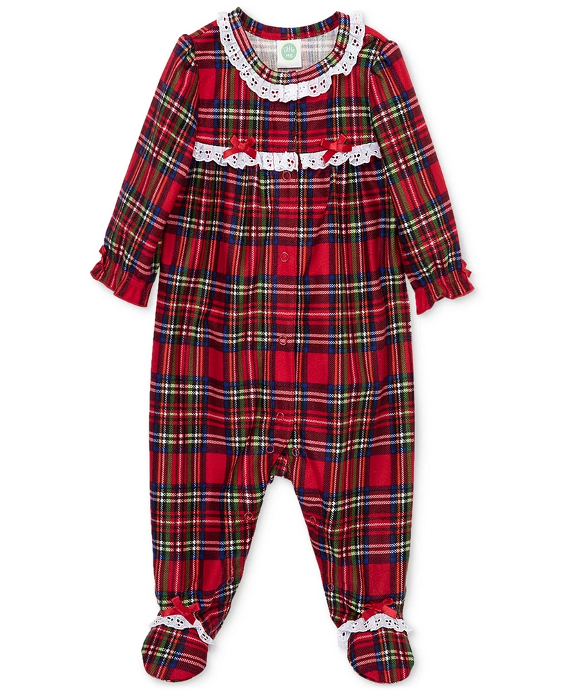 Little Me Baby Girls Plaid Lace-Trim Footed Coverall