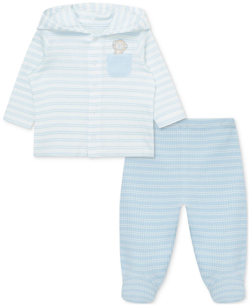 Little Me Baby Boys Cuddles Cotton Hooded Cardigan & Footed Pants, 2 Piece Set