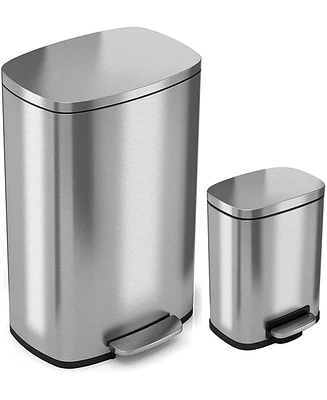 iTouchless SoftStep Stainless Steel Kitchen and Bathroom Step Trash Cans with Odor Filter 13.2 Gallon and 1.32 Gallon Silver Set of 2