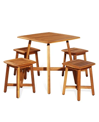 Sugift 5 Pieces Wood Patio Dining Set with Square Table and 4 Stools
