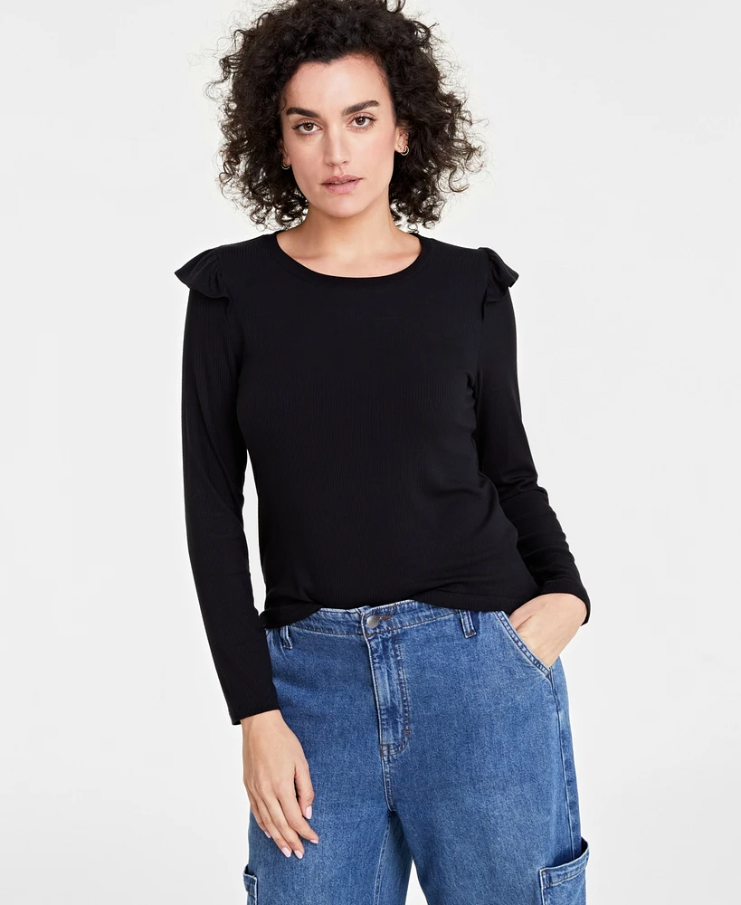 On 34th Women's Ruffle-Trim Ribbed Long-Sleeve Top, Created for Macy's