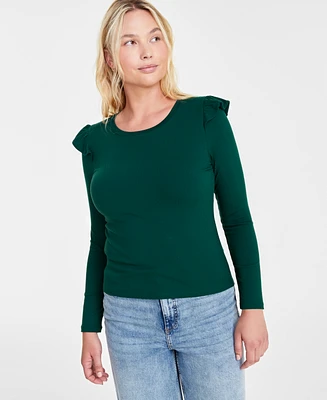 On 34th Women's Ruffle-Trim Ribbed Long-Sleeve Top, Created for Macy's