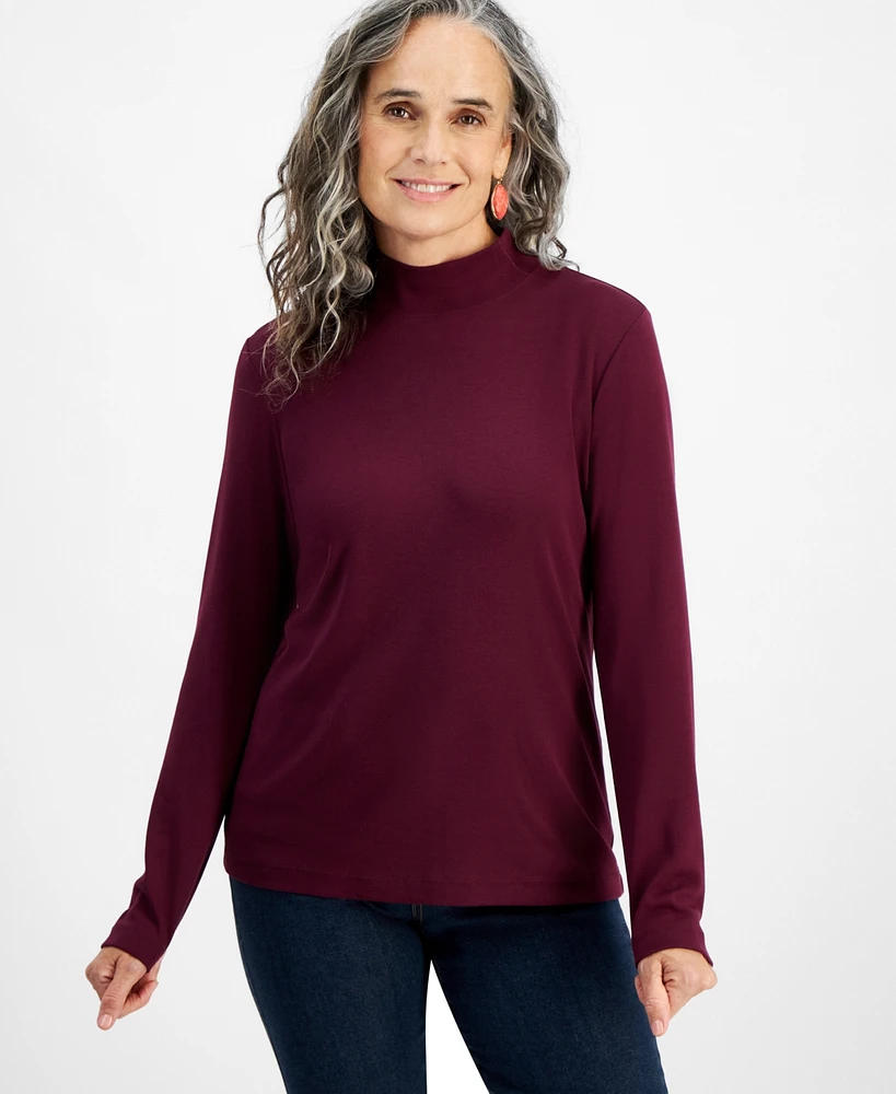 Style & Co Petite Mock-Neck Cotton Long-Sleeve T-Shirt, Created for Macy's