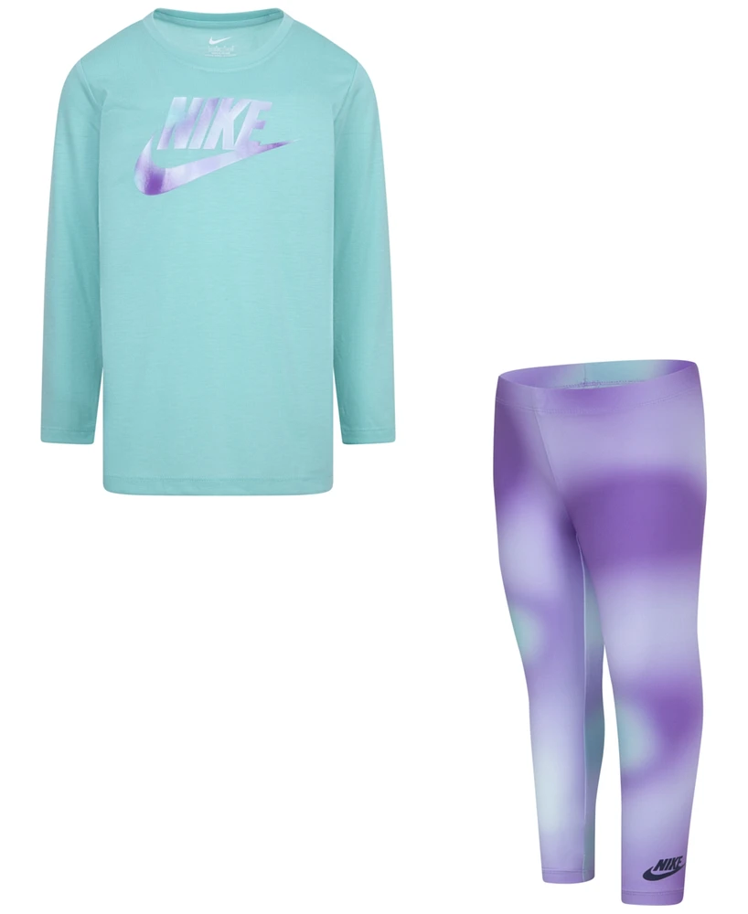 Nike Little Girls Long-Sleeve Logo T-Shirt & Printed Leggings, 2 Piece Set