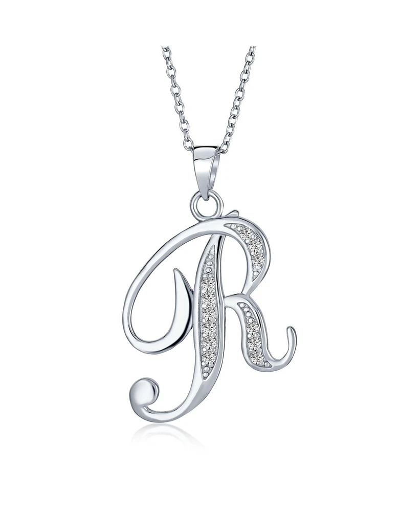 Bling Jewelry Abc Cubic Zirconia Pave Cz Cursive Script Letter Alphabet Initial R Pendant Necklace For Women Sterling Silver