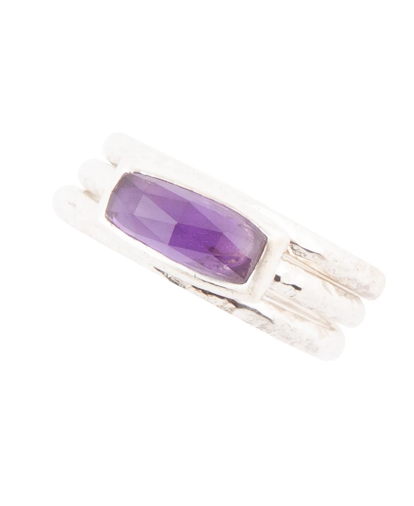 Barse Stack Genuine Purple Amethyst Rectangle Sterling Silver Ring