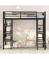 Streamdale Furniture Twin Size Metal Loft Bed with Shelves and Desk, Black