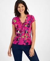 I.n.c. International Concepts Women's Printed Lace-Up Front Top, Created for Macy's