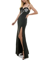 City Studios Juniors' Rhinestone-Embellished Illusion-Neck Gown