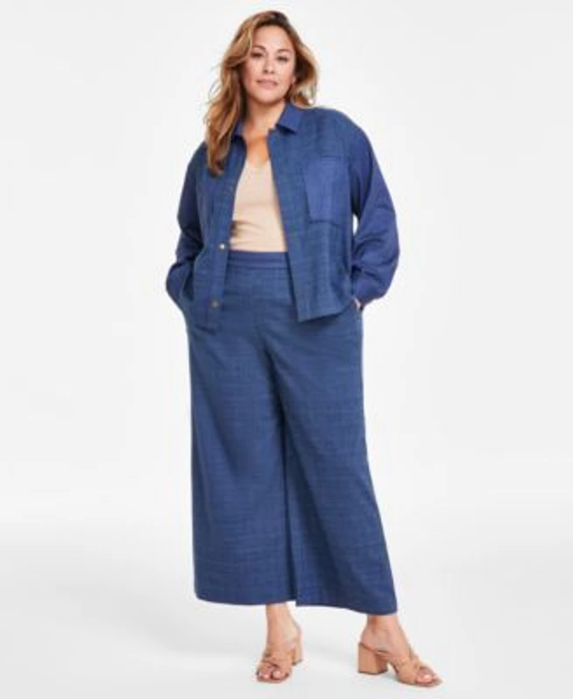 Vince Camuto Plus Size Collared Long Sleeve Jacket Metallic Flutter Sleeve Top Denim Look Wide Leg Pants