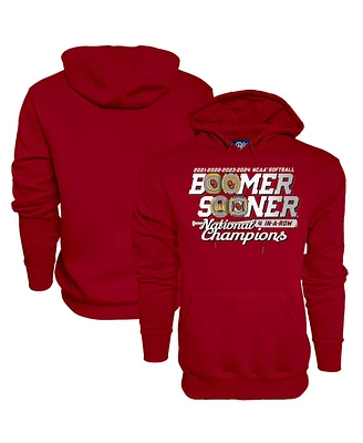 Blue 84 Men's and Women's Crimson Oklahoma Sooners Four-Peat Ncaa Softball Women's College World Series Champions Pullover Hoodie