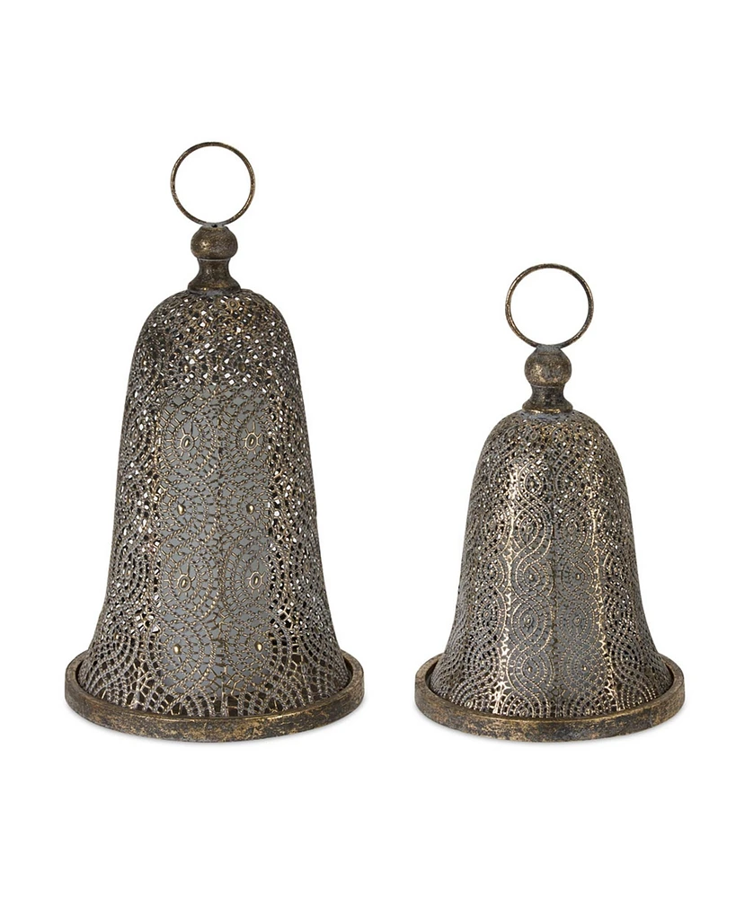 Slickblue Bronze Punched Metal Bell Candle Lantern (Set of 2)