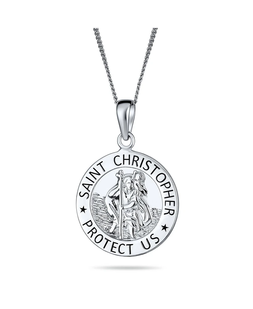 Bling Jewelry Medium Size Parton Of Safe Travel "Protect Us" Religious Medal Medallion Round Saint Christopher Pendant Necklace For Women Sterling Sil