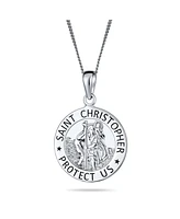 Bling Jewelry Medium Size Parton Of Safe Travel "Protect Us" Religious Medal Medallion Round Saint Christopher Pendant Necklace For Women Sterling Sil