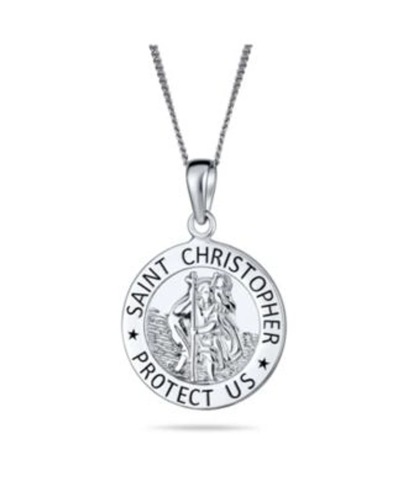 Bling Jewelry Medium Size Parton Of Safe Travel Protect Us Religious Medal Medallion Round Saint Christopher Pendant Necklace For Women Sterling Silver