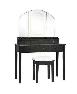 Sugift Vanity Table Stool Set with Large Tri-folding Lighted Mirror