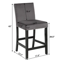 Contemporary Velvet Counter Stool with Nailhead Trim, Set of 2, Gray