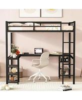 Simplie Fun Full Metal Loft Bed with Desk and Shelves, Loft Bed with Ladder and Guardrails, Loft Bed Frame for Bedroom, Black with black desk