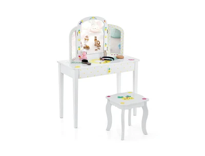 Slickblue Kids Vanity Table Set with Tri-Folding Mirror and Large Drawer-White