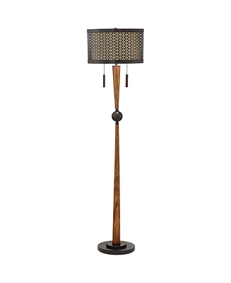 Franklin Iron Works Hunter Modern Mid Century Farmhouse Rustic Floor Lamp 64" Tall Bronze Cherry Wood Perforated Metal Cream Linen Double Drum Shade f