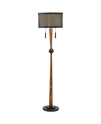 Hunter Modern Mid Century Farmhouse Rustic Floor Lamp 64" Tall Bronze Cherry Wood Perforated Metal Cream Linen Double Drum Shade for Living Room Readi