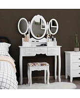Sugift Vanity Set with Tri-Folding Mirror and Cushioned Stool