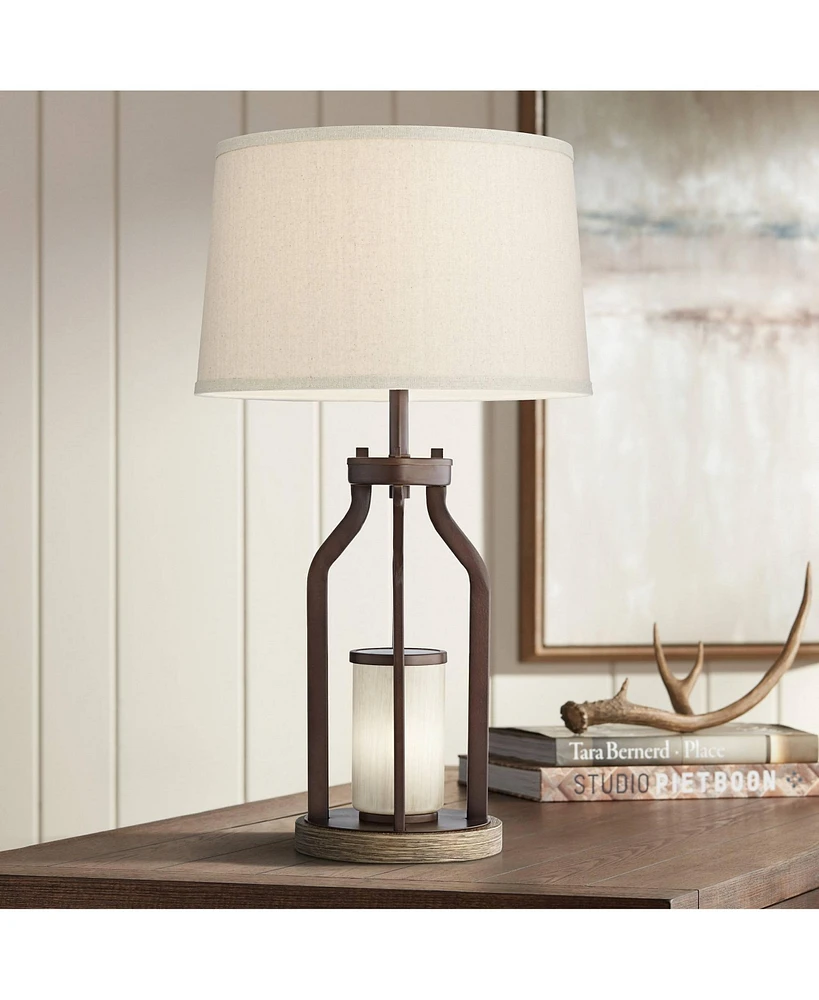Franklin Iron Works Will Rustic Farmhouse Table Lamp with Usb Port and Nightlight Led 27.75" Tall Oil Rubbed Bronze Burlap Tapered Drum Shade for Livi
