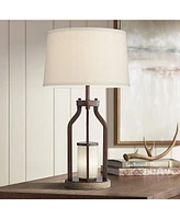 Franklin Iron Works Will Rustic Farmhouse Table Lamp with Usb Port and Nightlight Led 27.75" Tall Oil Rubbed Bronze Burlap Tapered Drum Shade for Livi