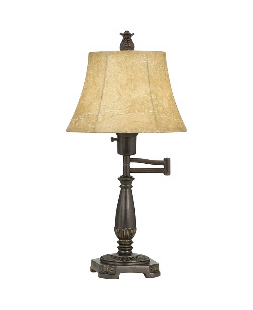 Regency Hill Traditional Rustic Natural Cottage Swing Arm Desk Table Lamp 22.5" High Bronze Metal Faux Leather Bell Leather Shade Decor Living Room Be