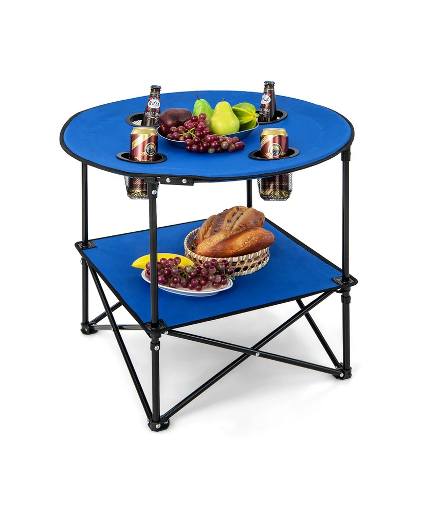 Slickblue 2-Tier Portable Picnic Table with Carrying Bag and 4 Cup Holders-Blue