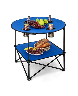 Slickblue 2-Tier Portable Picnic Table with Carrying Bag and 4 Cup Holders-Blue