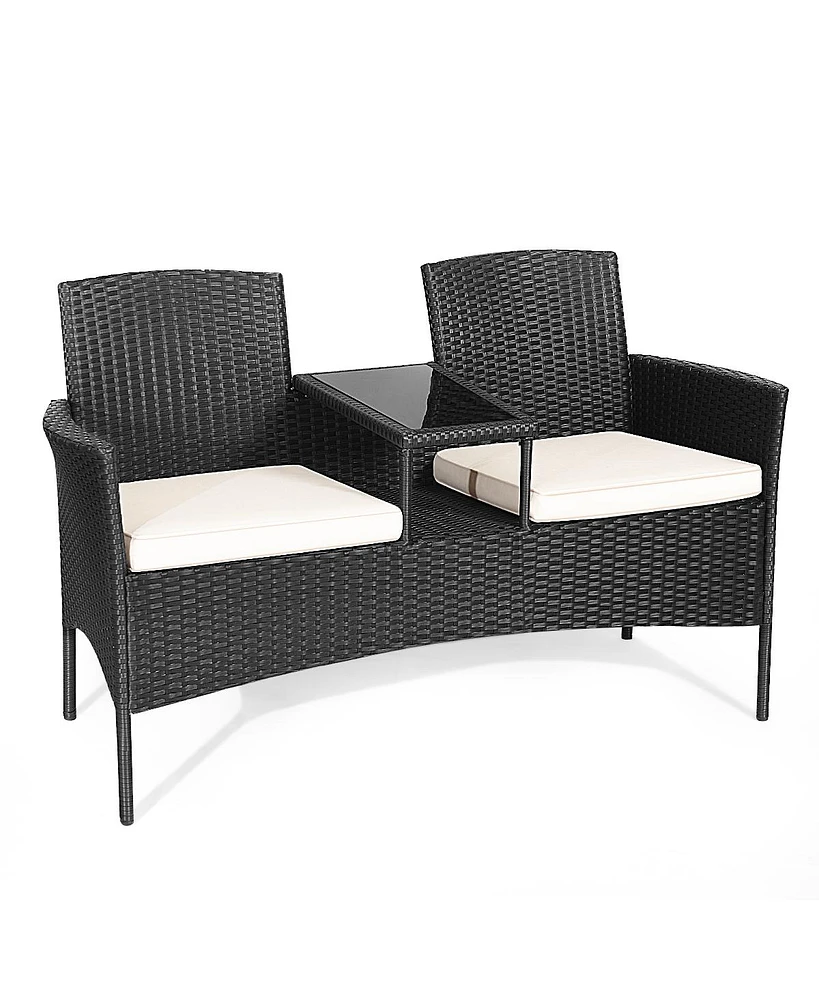 Gymax Cushioned Rattan Wicker Patio Conversation Set w/ Table Steel Frame