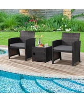 Sugift 3 Pieces Pe Rattan Wicker Furniture Set with Cushion Sofa Coffee Table for Garden