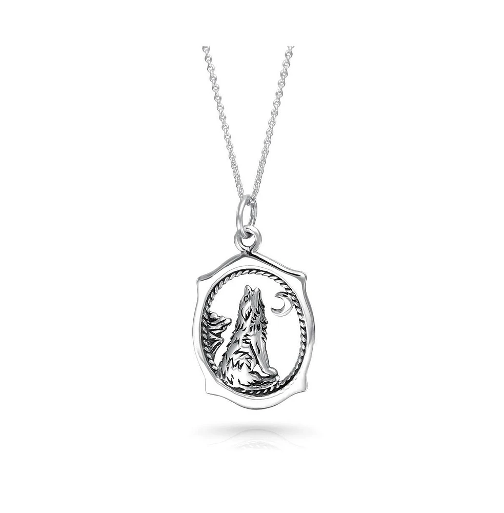 Bling Jewelry Medium Oval Animal Totem Amulet Wicca Jewelry Crescent Moon And Stars Werewolf Celestial Howling Wolf Necklace Pendant For Women Oxidize