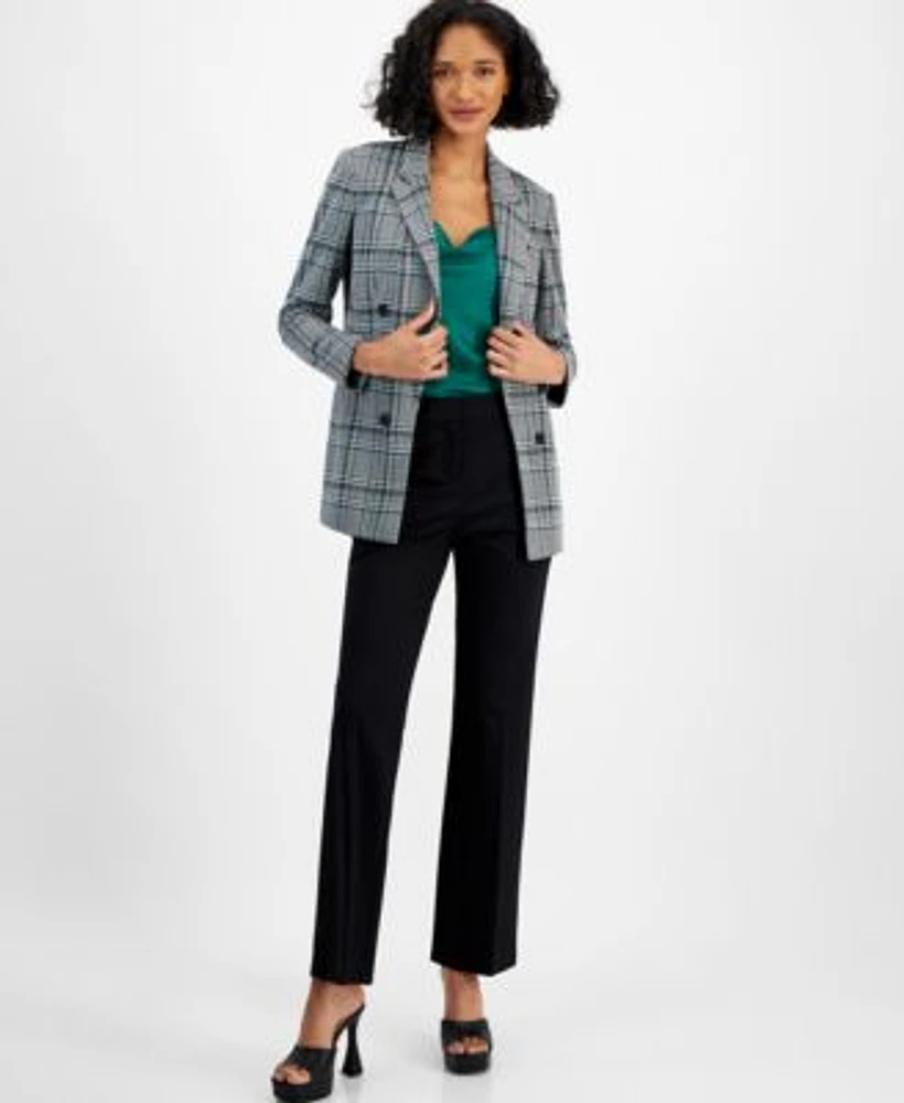 Bar Iii Womens Plaid Double Breasted Blazer Satin Sleeveless Cami Compression High Rise Flare Leg Pants Created For Macys