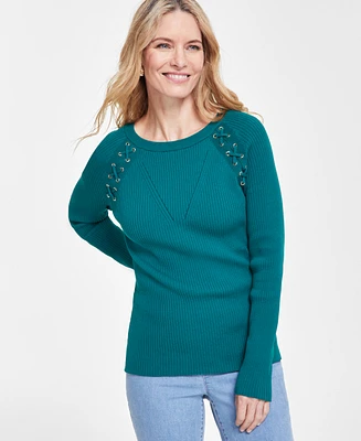 I.n.c. International Concepts Women's Lace-Up Ribbed-Knit Sweater, Created for Macy's