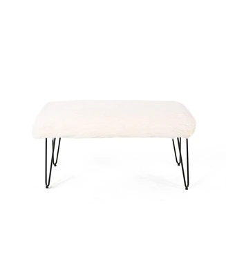 Simplie Fun Arrighetto White Faux Fur Ottoman Bench with Glam Hairpin Legs