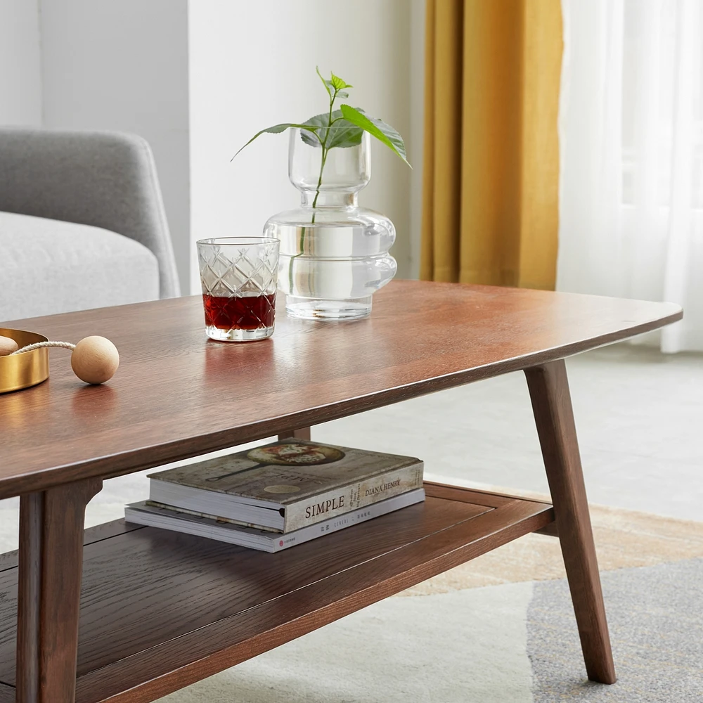 North American Oak Solid Wood Coffee Table with Dual-Layer Storage