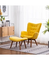 Simplie Fun Contemporary Silky Velvet Tufted Accent Chair with Ottoman, Yellow