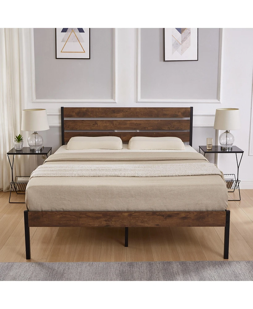 Simplie Fun Full Size Bed Frame with Wood Headboard, Metal Frame with Strong Slats, Noise Free, No Box Spring Needed-Brown.