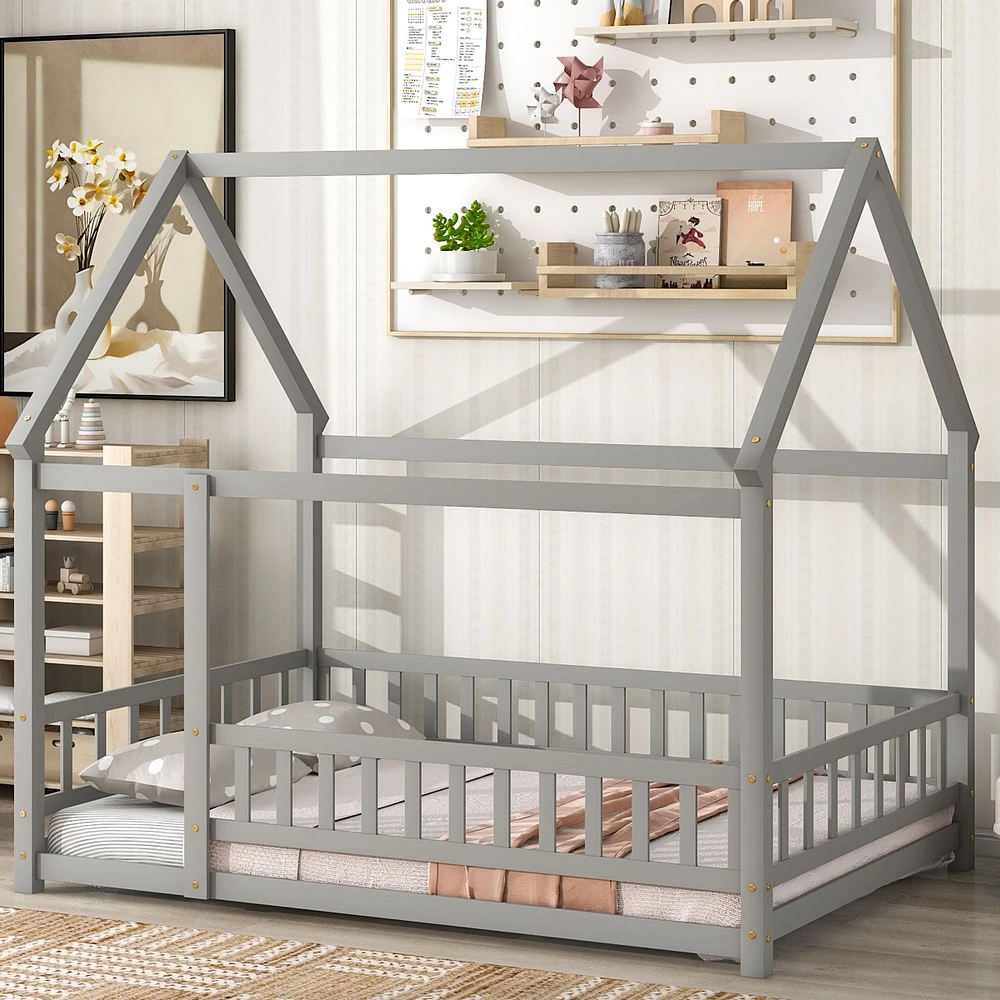 Streamdale Furniture Full Size Floor Wooden Bed with House Roof Frame, Fence Guardrails, Grey