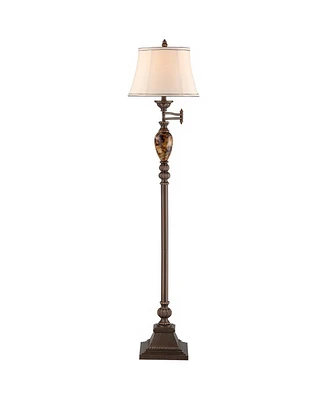 Kathy Ireland Mulholland Rustic Vintage like Swing Arm Floor Lamp Standing 61" Tall Bronze Marble Font Ivory Faux Silk Drum Shade Decor for Living Roo