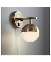 360 Lighting Luna Mid Century Modern Indoor Wall Mount Lamp Antique Brass Plug-In Light Fixture Frosted Glass Globe Shade for Bedroom Bedside House Re