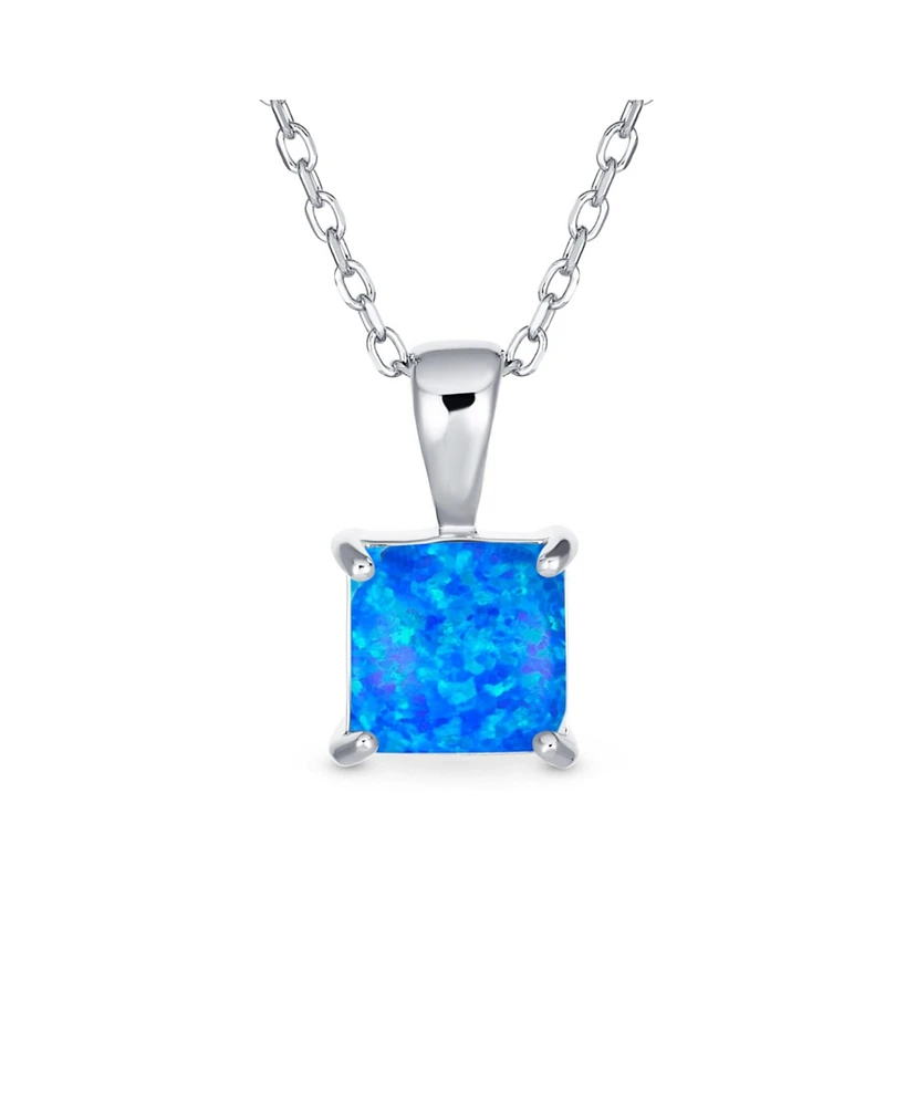 Bling Jewelry Dainty 4 Prong Set 1.25 Ct Solitaire Square Princess Cut Synthetic Opal Pendant Necklace For Women Sterling Silver