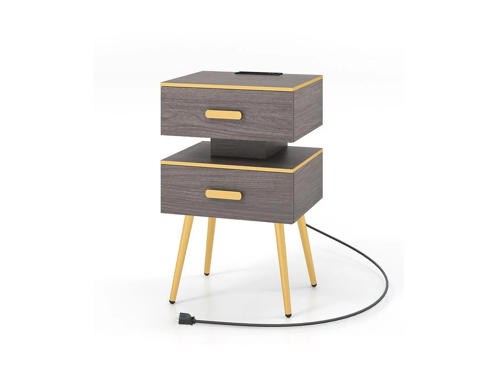 Slickblue Nightstand Sofa Side Tables with Charging Station and 2 Drawers and Led lights-Grey