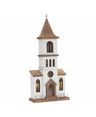 Slickblue Lighted Natural Wooden Church Display with Rustic Metal Accents