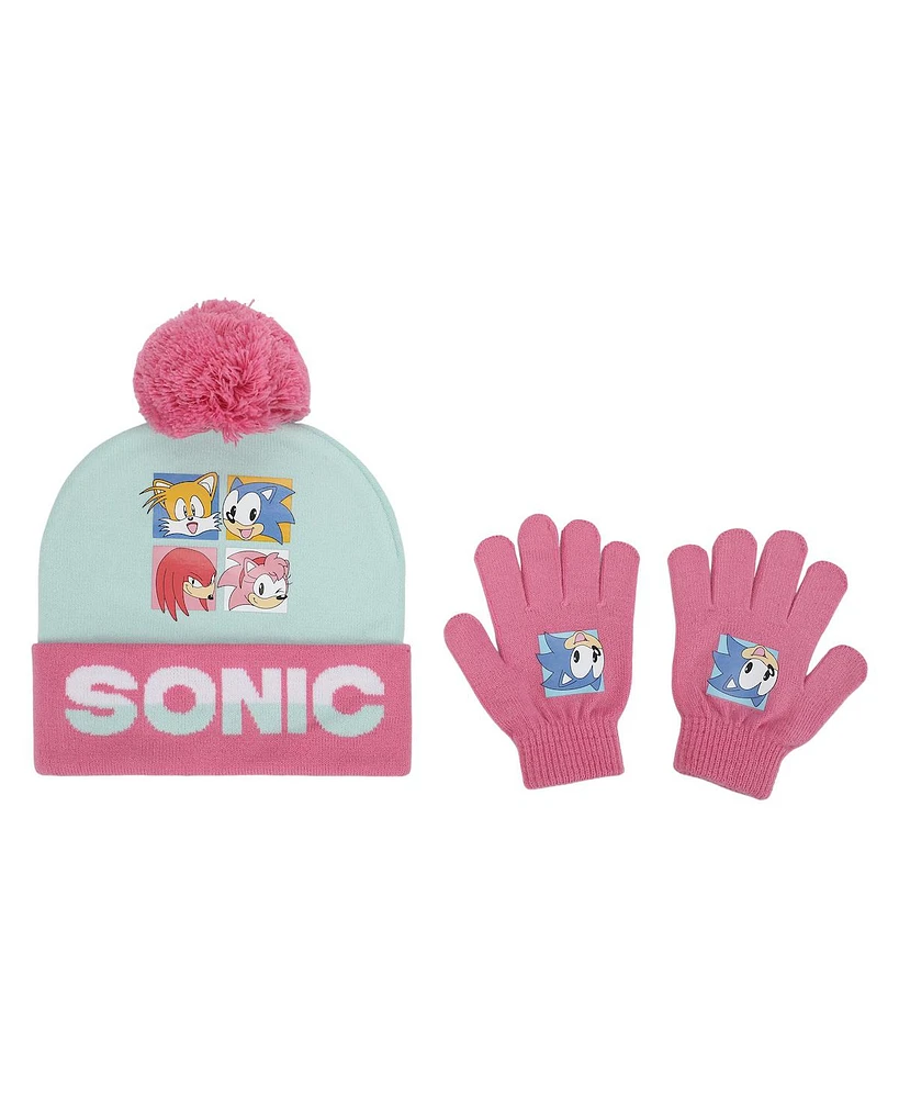 Sonic The Hedgehog Girls Pink and White Youth Cuffed Beanie and Gloves Set