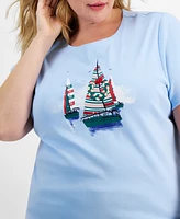 Holiday Lane Plus Sailboat Spirit Short-Sleeve Top, Created for Macy's